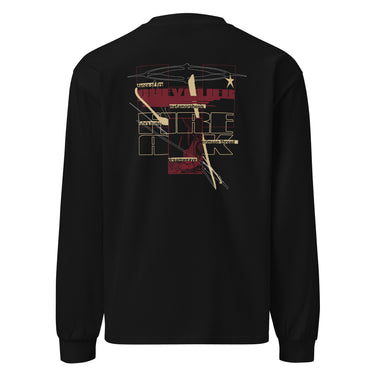 Back view of a solid-colored, longsleeve. A large collage graphic is centered on the back, dominated by large, overlapping, outline-style typography. The design is layered with rectangular blocks, fine sketchy lines, and multiple smaller blocks of text, creating a deconstructed, schematic look. Featured text includes “Fire” “Atk” “Chevalier” “Dance of fire” “Dreamweave” amongst other phrases.