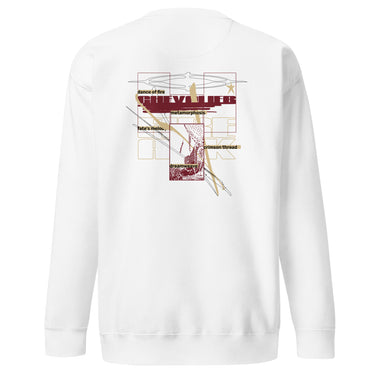 Back view of a solid-colored, sweatshirt. A large collage graphic is centered on the back, dominated by large, overlapping, outline-style typography. The design is layered with rectangular blocks, fine sketchy lines, and multiple smaller blocks of text, creating a deconstructed, schematic look. Featured text includes “Fire” “Atk” “Chevalier” “Dance of fire” “Dreamweave” amongst other phrases.