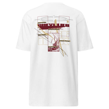 Back view of a solid-colored, shirt. A large collage graphic is centered on the back, dominated by large, overlapping, outline-style typography. The design is layered with rectangular blocks, fine sketchy lines, and multiple smaller blocks of text, creating a deconstructed, schematic look. Featured text includes “Fire” “Atk” “Chevalier” “Dance of fire” “Dreamweave” amongst other phrases.