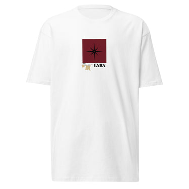 Front view of a solid-colored, shirt. A small graphic is centered on the chest, featuring a solid vertical rectangle containing a four-pointed star. The word "LYRA" is next to it, and two small charm-like shapes hang from the bottom.
