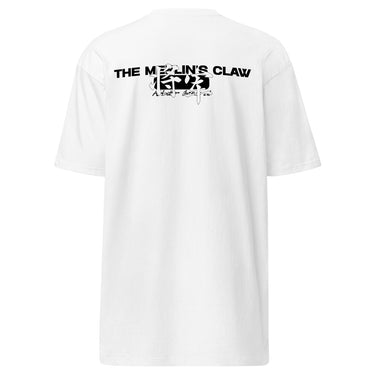 Back view of a solid-colored shirt. A horizontal graphic on the upper back features the text "THE MERLIN'S CLAW". The center of the text is overlaid with a square containing Chinese text meaning “General”, high-contrast symbols and several stylized signatures below.