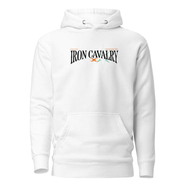 Front view of a solid-colored hoodie. A graphic centered on the chest features the words "IRON CAVALRY" in an elegant, arched serif font, with a small icon of two mirrored axe heads in the center.