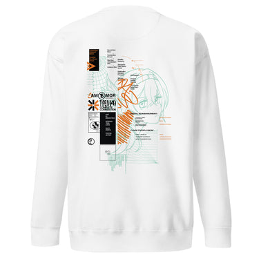 Back view of a solid-colored sweatshirt. A large, complex graphic on the upper back features a fine-line illustration of Firefly from Honkai: Star Rail’s face, overlaid with a dense collage of technical schematics, data readouts, and various symbols.