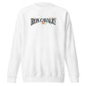 Front view of a solid-colored sweatshirt. A graphic centered on the chest features the words "IRON CAVALRY" in an elegant, arched serif font, with a small icon of two mirrored axe heads in the center.