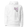 Front view of a hoodie. A small graphic on the left chest features two black, brush-stroke Chinese characters layered with purple text that reads, "SHE ALREADY KNEW THEIR FATES." A small box above contains the words "FATES SEALED.”