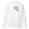 Front view of a sweatshirt. A small graphic on the left chest features two black, brush-stroke Chinese characters layered with purple text that reads, "SHE ALREADY KNEW THEIR FATES." A small box above contains the words "FATES SEALED.”