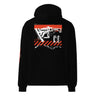 Back view of a solid-colored oversized-hoodie. A large graphic on the upper back features a detailed, high-contrast illustration of a futuristic nailgun. The design includes diagonal hazard stripes and schematic-style text and symbols emulating a blueprint.