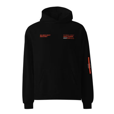 Front view of a solid-colored oversized-hoodie. Two separate small graphics are on the chest, featuring technical-style text such as "BELOBOG HEAVY INDUSTRIES" and "TECHNICAL EXPERT".