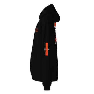 A view of the sleeve of a oversized-hoodie, showing a graphic of a solid, vertical bar containing several thin horizontal lines, with additional horizontal lines extending from its side. Imitating several nails taped to the arm.