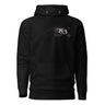 Back view of a solid-colored hoodie. A large, symmetrical graphic is centered on the upper back. It features the text "PURSUITS end" integrated with a large, ornate, star-like emblem. Below are two fine-line illustrations of hands, one holding a key and the other a lock.
