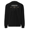 Back view of a solid-colored longsleeve. A large, symmetrical graphic is centered on the upper back. It features the text "PURSUITS end" integrated with a large, ornate, star-like emblem. Below are two fine-line illustrations of hands, one holding a key and the other a lock.