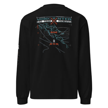 Back view of a solid-colored longsleeve. A large, complex graphic with a cyberpunk aesthetic is centered on the upper back. It features the prominent text "VOID HUNTER", layered over a dense collage of schematic lines, abstract shapes, and various blocks of Japanese text.