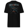 Back view of a solid-colored shirt. A large, complex graphic with a cyberpunk aesthetic is centered on the upper back. It features the prominent text "VOID HUNTER", layered over a dense collage of schematic lines, abstract shapes, and various blocks of Japanese text.