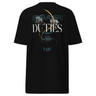 Back view of a solid-colored shirt. A large, elegant graphic on the upper back features the prominent text "DUTIES", with the words "FEARS AND" above it. The design is layered with two high-contrast anime-style eyes and a long, swirling tail-like shape.