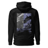 The back of a black hoodie. It features a large, vertical rectangular graphic with a split design. The left side shows a black-and-white image of waves, while the right side has a purple and black abstract texture of ocean waves. The word "HELEKTRA" is printed vertically in white down the center of the graphic, with a crescent moon symbol at the top.