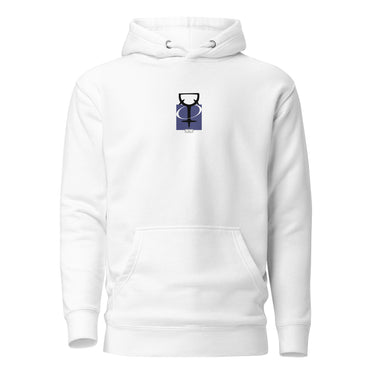 The front of a white hoodie. Centered on the chest is a small graphic featuring a stylized black symbol, resembling a chalice, set against a blue rectangular background.