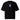 The front of a black oversized t-shirt. Centered on the chest is a small graphic featuring a stylized white symbol, resembling a chalice, set against a blue rectangular background.
