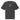 The front of a faded black oversized t-shirt. Centered on the chest is a small graphic featuring a stylized white symbol, resembling a chalice, set against a blue rectangular background.