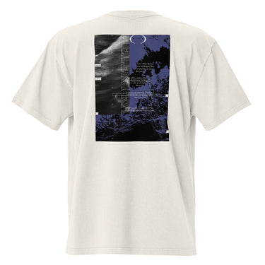 The back of a faded bone oversized tee. It features a large, vertical rectangular graphic with a split design. The left side shows a black-and-white image of waves, while the right side has a purple and black abstract texture of ocean waves. The word "HELEKTRA" is printed vertically in white down the center of the graphic, with a crescent moon symbol at the top.