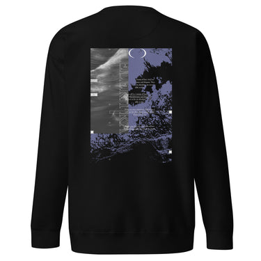 The back of a black sweatshirt. It features a large, vertical rectangular graphic with a split design. The left side shows a black-and-white image of waves, while the right side has a purple and black abstract texture of ocean waves. The word "HELEKTRA" is printed vertically in white down the center of the graphic, with a crescent moon symbol at the top.