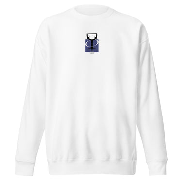 The front of a white sweatshirt. Centered on the chest is a small graphic featuring a stylized black symbol, resembling a chalice, set against a blue rectangular background.