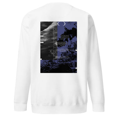 The back of a white sweatshirt. It features a large, vertical rectangular graphic with a split design. The left side shows a black-and-white image of waves, while the right side has a purple and black abstract texture of ocean waves. The word "HELEKTRA" is printed vertically in white down the center of the graphic, with a crescent moon symbol at the top.