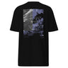 The back of a black oversized t-shirt. It features a large, vertical rectangular graphic with a split design. The left side shows a black-and-white image of waves, while the right side has a purple and black abstract texture of ocean waves. The word "HELEKTRA" is printed vertically in white down the center of the graphic, with a crescent moon symbol at the top.