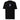 The front of a black oversized t-shirt. Centered on the chest is a small graphic featuring a stylized white symbol, resembling a chalice, set against a blue rectangular background.