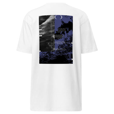 The back of a white tee. It features a large, vertical rectangular graphic with a split design. The left side shows a black-and-white image of waves, while the right side has a purple and black abstract texture of ocean waves. The word "HELEKTRA" is printed vertically in white down the center of the graphic, with a crescent moon symbol at the top.