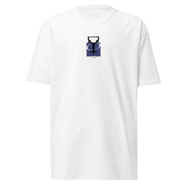 The front of a white tee. Centered on the chest is a small graphic featuring a stylized black symbol, resembling a chalice, set against a blue rectangular background.