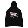 Back view of a solid-colored oversized-hoodie. A large, chaotic collage graphic on the upper back features large, stylized letters 'D' ‘O’ and 'E' mixed with numerous blocks of text in various collage lettering, resembling a ransom note or a deconstructed flyer.