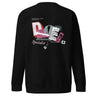 Back view of a solid-colored sweatshirt. A large, chaotic collage graphic on the upper back features large, stylized letters 'D' ‘O’ and 'E' mixed with numerous blocks of text in various collage lettering, resembling a ransom note or a deconstructed flyer.