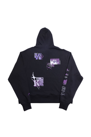 Back of a black hoodie laid flat, featuring a scattered collage of abstract, glitch-style graphics in purple and white. The designs are located on the back and run down the right sleeve, including fragmented patterns and a stylized letter 'K'.