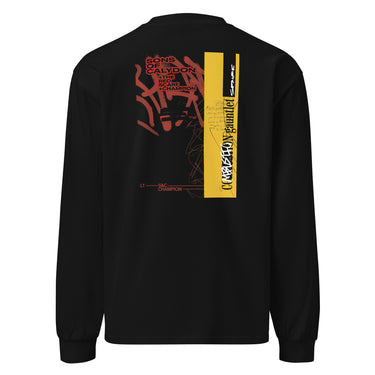 Back view of a solid-colored longsleeve. A large, layered graphic on the back features prominent vertical bars, an abstract high-contrast symbol, and various blocks of text in different styles, including "SONS OF CALYDON" and "COMBUSTION gauntlet".