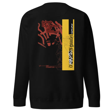 Back view of a solid-colored sweatshirt. A large, layered graphic on the back features prominent vertical bars, an abstract high-contrast symbol, and various blocks of text in different styles, including "SONS OF CALYDON" and "COMBUSTION gauntlet".