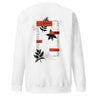 Back view of a solid-colored sweatshirt. A large, vertical collage graphic on the upper back is framed by columns of text. The design features high-contrast botanical illustrations, East Asian characters, and blocks of handwritten script.
