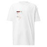 Front view of a solid-colored shirt. A small graphic on the left chest features a fine-line illustration resembling a smoke outline, with several blocks of technical-style text labeling different areas.