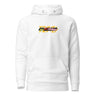 Front view of a solid-colored hoodie. A small, horizontal graphic on the chest features the stylized text "NC DEMARA" filled with a high-contrast, diagonal stripe pattern.
