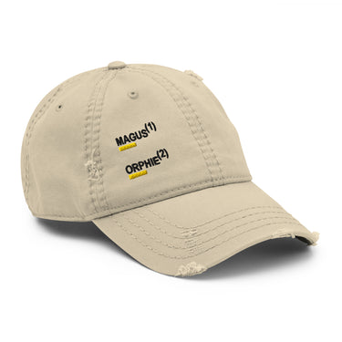 Khaki distressed baseball cap, front angled view, featuring embroidered black text 'MAGUS(1)' and 'ORPHIE(2)' stacked vertically, each underlined with a bold yellow bar.