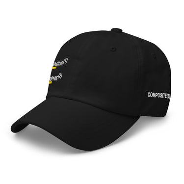 Black baseball cap, front angled view, featuring embroidered black text 'MAGUS(1)' and 'ORPHIE(2)' stacked vertically, each underlined with a bold yellow bar. Accompanied by "COMPOSITE(S)" on the side panel.