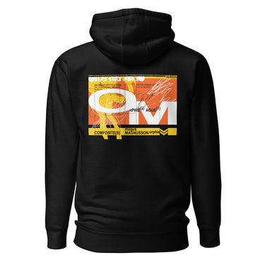 Black hoodie, back view, showcasing a large abstract graphic in orange, yellow, black, and white. The design includes bold typography, Japanese characters, geometric shapes, and layered text overlaid with dynamic line art and circular motifs.