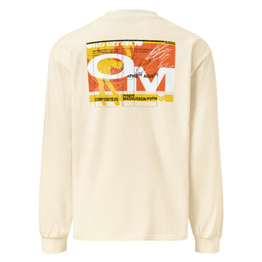 Beige longsleeve, back view, showcasing a large abstract graphic in orange, yellow, black, and white. The design includes bold typography, Japanese characters, geometric shapes, and layered text overlaid with dynamic line art and circular motifs.