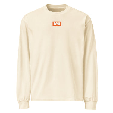Beige longsleeve, front view, featuring a small centered orange rectangular logo with a stylized white 'M' inside.