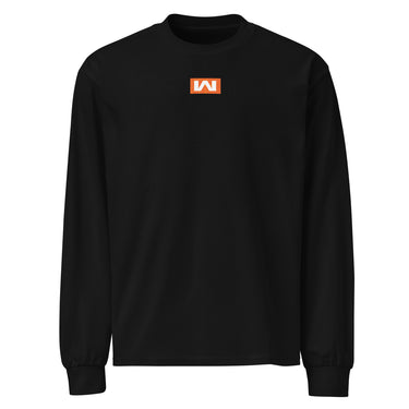 Black longsleeve, front view, featuring a small centered orange rectangular logo with a stylized white 'M' inside.