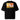 Black oversized tee, back view, showcasing a large abstract graphic in orange, yellow, black, and white. The design includes bold typography, Japanese characters, geometric shapes, and layered text overlaid with dynamic line art and circular motifs.
