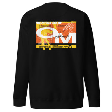 Black sweatshirt, back view, showcasing a large abstract graphic in orange, yellow, black, and white. The design includes bold typography, Japanese characters, geometric shapes, and layered text overlaid with dynamic line art and circular motifs.