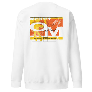 White sweatshirt, back view, showcasing a large abstract graphic in orange, yellow, black, and white. The design includes bold typography, Japanese characters, geometric shapes, and layered text overlaid with dynamic line art and circular motifs.