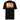 Black tee, back view, showcasing a large abstract graphic in orange, yellow, black, and white. The design includes bold typography, Japanese characters, geometric shapes, and layered text overlaid with dynamic line art and circular motifs.