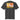 Faded black tee, back view, showcasing a large abstract graphic in orange, yellow, black, and white. The design includes bold typography, Japanese characters, geometric shapes, and layered text overlaid with dynamic line art and circular motifs.