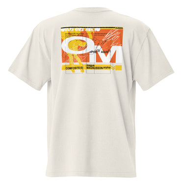 Faded bone tee, back view, showcasing a large abstract graphic in orange, yellow, black, and white. The design includes bold typography, Japanese characters, geometric shapes, and layered text overlaid with dynamic line art and circular motifs.